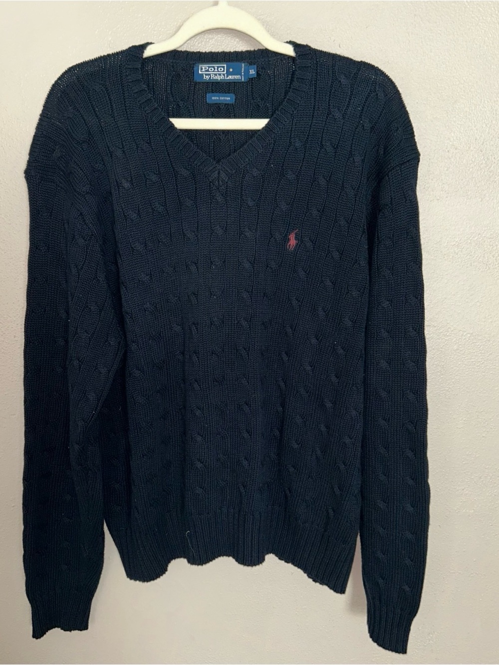 Polo Ralph Lauren Cable Knit V Neck Sweater Mens XL Navy Red Pony 100% Cotton